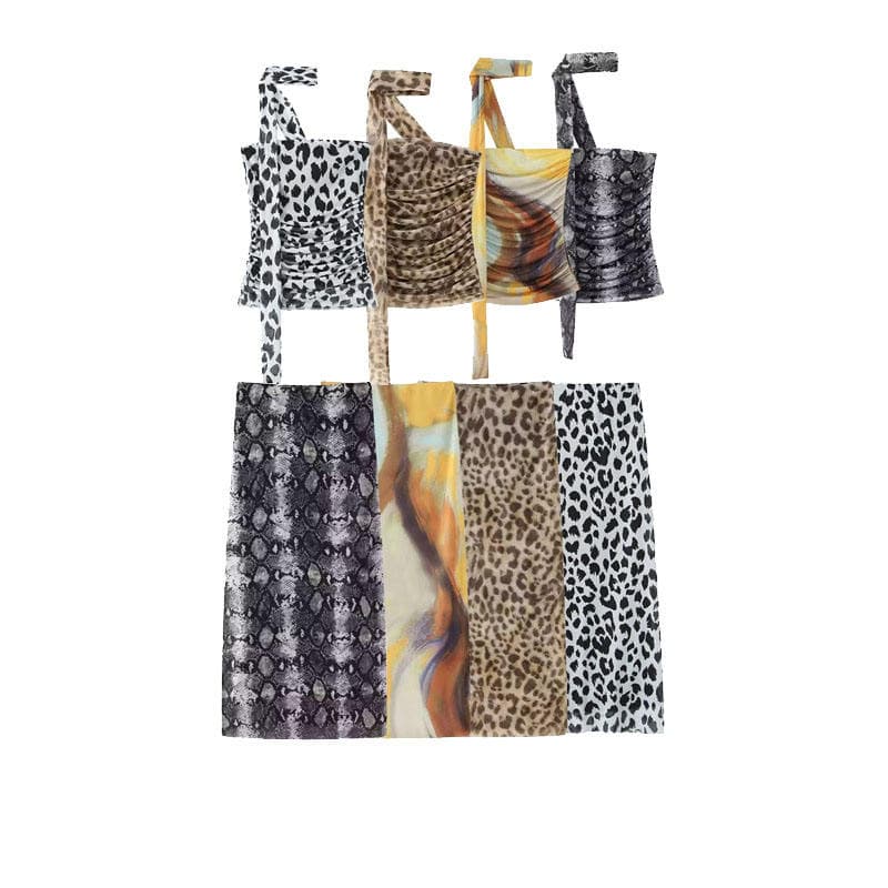Animal Print Halterneck Tube Top Wholesale Fashion Women Suits Factory Directly Waist Exposed Slim Fit Hip Skirt