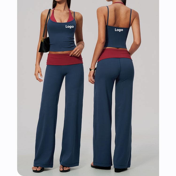 Nylon Spandex Brushed 2 in 1 Workout Set Halter Top and Wide Straight Legging 2 Piece Yoga Set