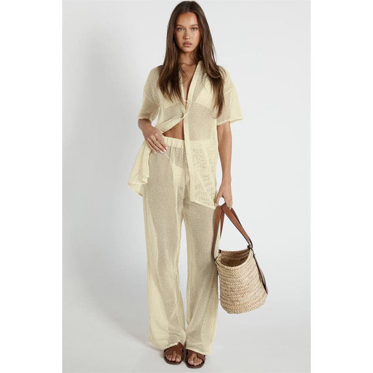 2023 New Spring and Summer Sexy See Through V Neck Top and Pants Solid Color Pajamas Lounge Wear Women Set Suits
