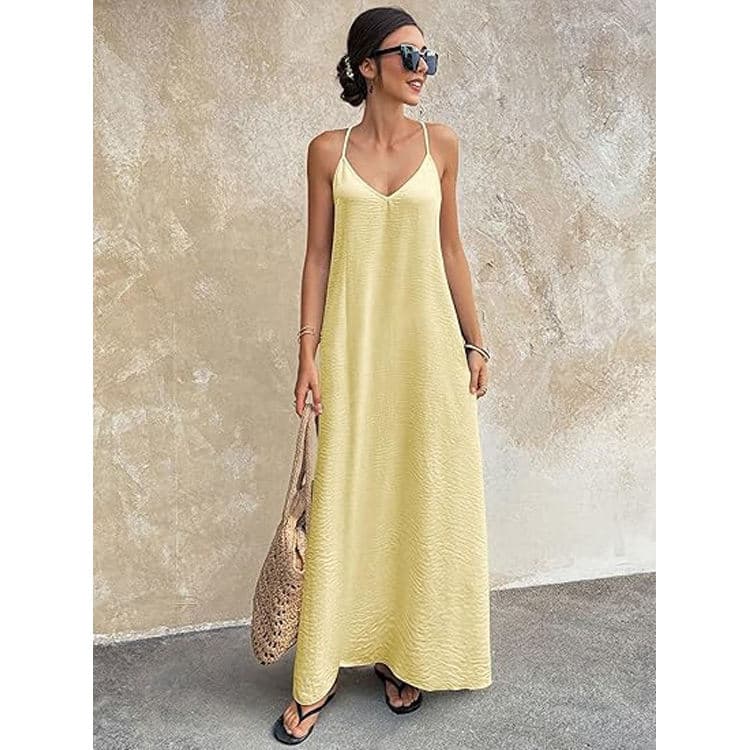Wenshuo Solid Color slip Dress Wholesale Simple Casual Dress Custom logo V Neck Maxi Dress Factory Directly