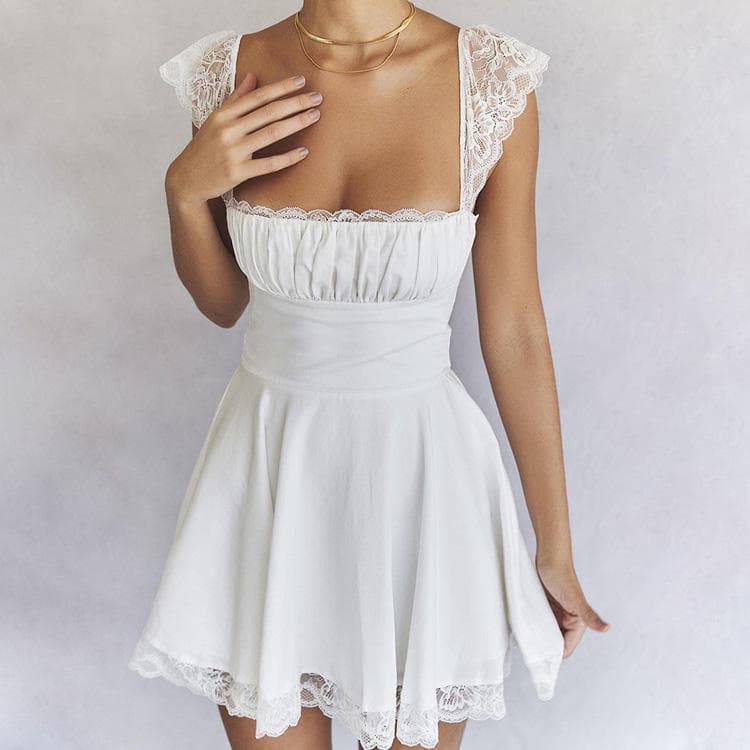 New Lace Dresses Solid Color Girls Dresses Slim Fit Backless White French Dresses