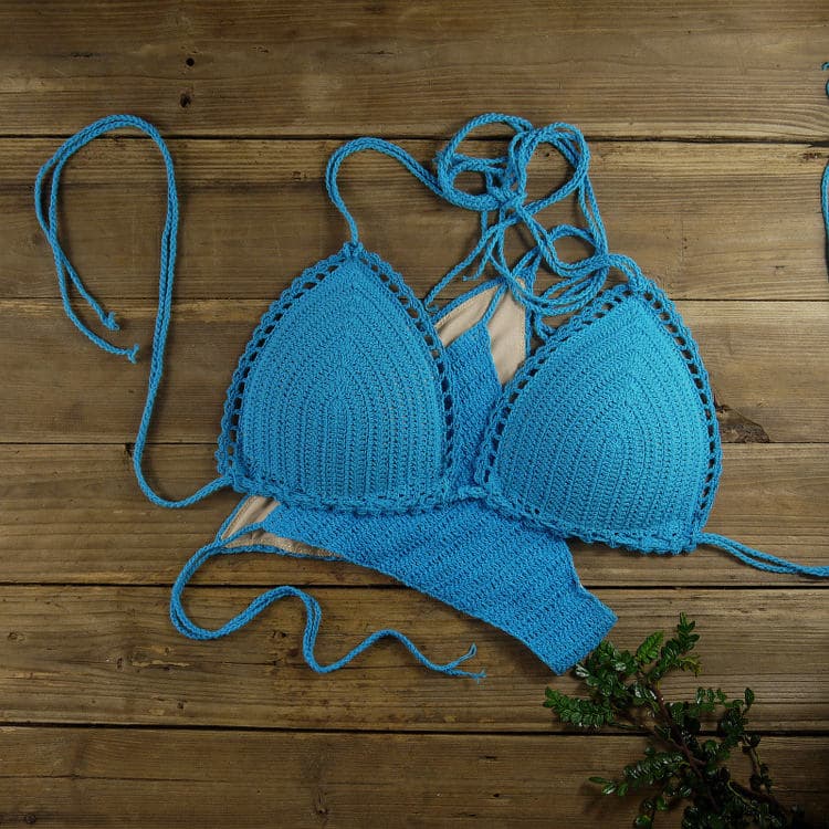 Sexy Handmade Push up Halter Backless Solid Color Crochet Knitting Two Pieces Bikini Women Swimsuit Swimwear