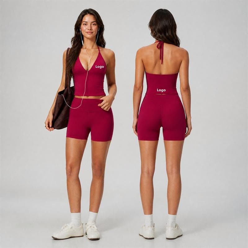 Women Gym Running Activewear Halter Deep V Tank Top and High Waist Butt Lift Shorts 2 Piece Yoga Fitness Set