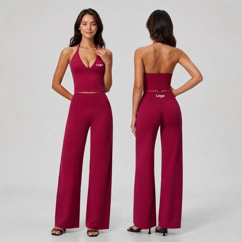 Women Private Label Activewear Deep V Tank Top and High Waist Wide Leg Straight Pants Quick Dry 2 Piece Yoga Set