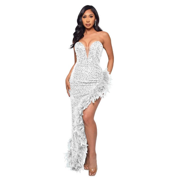 New Arrive 2023 Evening Dress Sequined Backless Frock Vent Deep v Neck Feathers Skirt Ladies Evening Party Dress