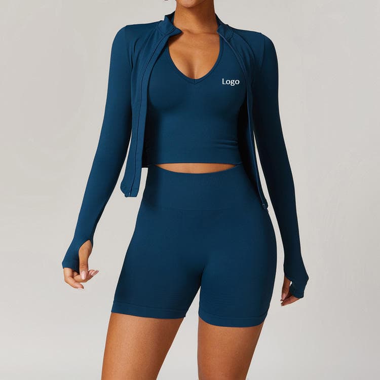 Nylon Seamless Activewear Breathable Sports Zipper Jacket and Pants 3 Piece Yoga Sets