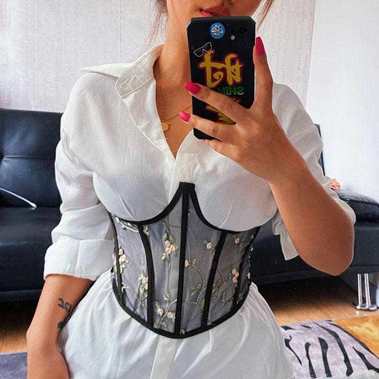 Short Embroidered Strap Waist Women Corset Summer Outerwear Slim Fit Temperament Mesh Body Shaping Clothing