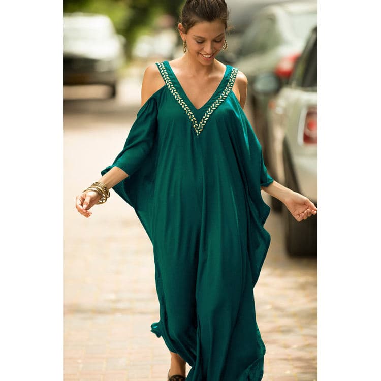 Unique Strapless V Neck Malachite Green Cover up Sexy Beach Printed Kaftan