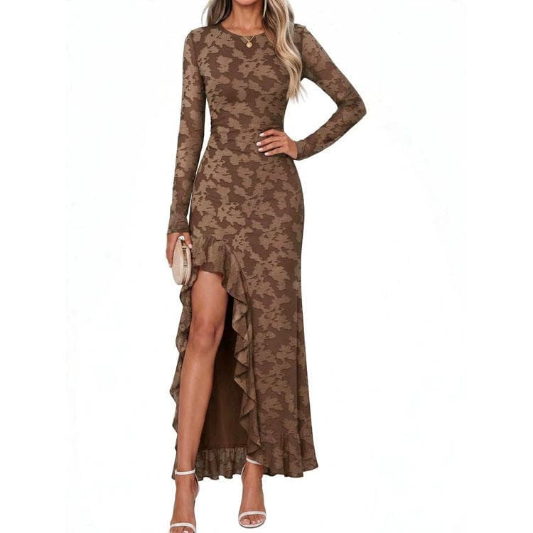 Wenshuo Flower Long Sleeve Dress Wholesale Ruffled Maxi Dress Custom logo Elegant Slit Dress Factory Directly