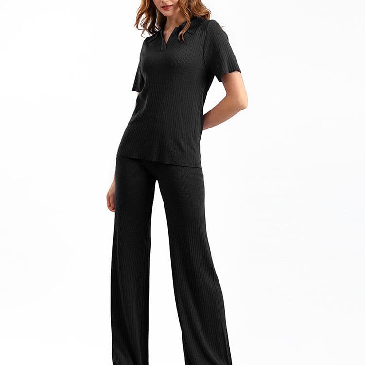 Knit Short Sleeve Tops Wide Leg Pants Slim Fashion 2 Piece Women Set