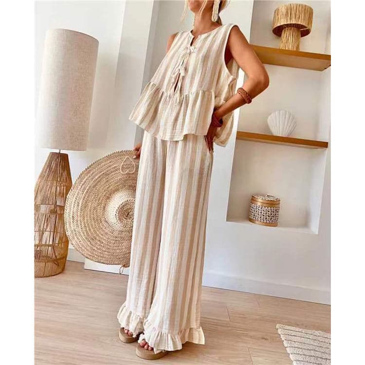 Wenshuo Sleeveless Loose Vest Wholesale Summer Breathable Suit Custom logo Striped Women Suit Factory Directly