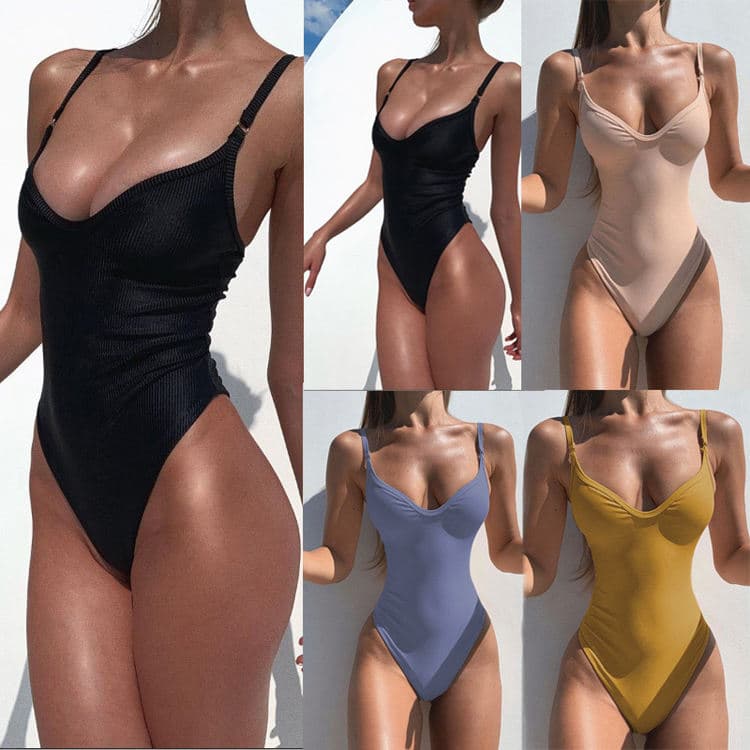 Slim Sexy Solid Color One Piece Bikini 2024 New Deep v High Cut Backless Beach Swimsuit