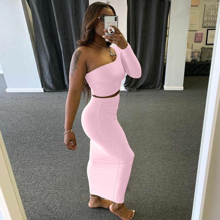 New Style One Shoulder Skirt Suit Navel Top Hip Skirt Two Piece Women Dresses