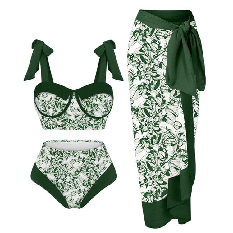 New Botanical Printed Bikini Set 3 Piece Swimsuit Set With Skirt