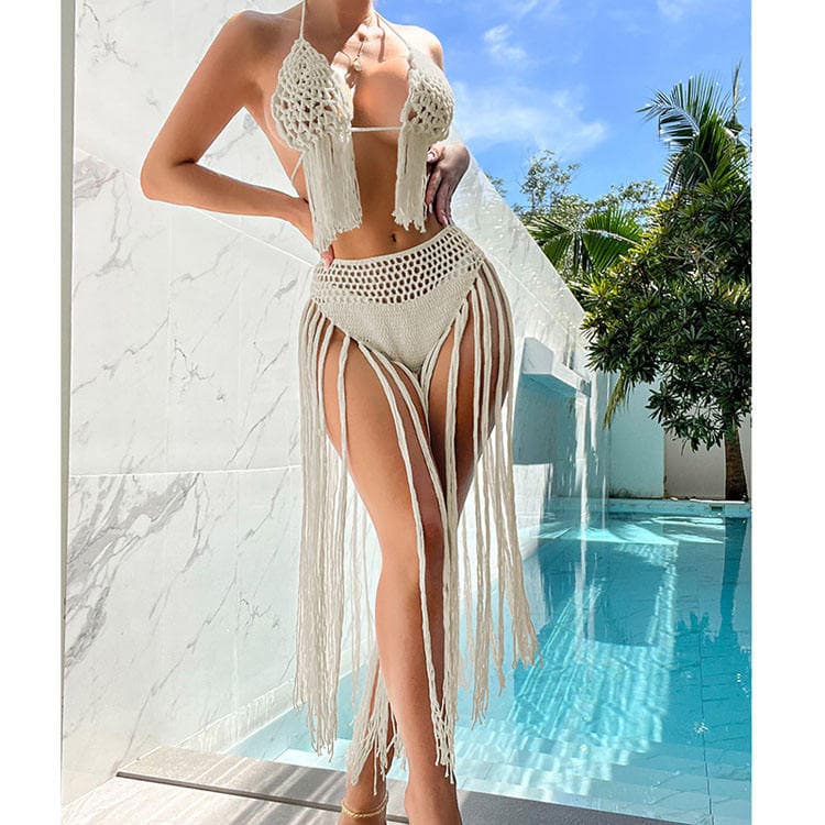 Hand Crocheted New Three Dimensional Flower Tassel Beach Sexy Backless Two Piece Set