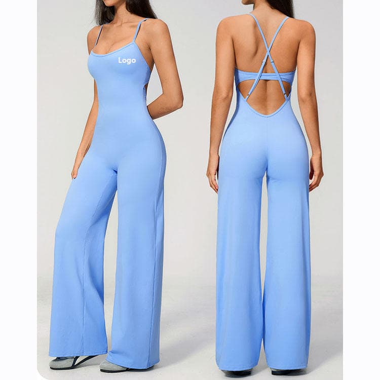 Brushed Nylon Spandex Yoga Bodysuit Crisscross Back High Stretch Wide Leg One Piece Yoga Jumpsuit