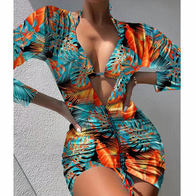 New Tropical Printed Bikini Drawstring Mesh Sun Protection Three Piece Swimsuit Bikini Printed Swimwear