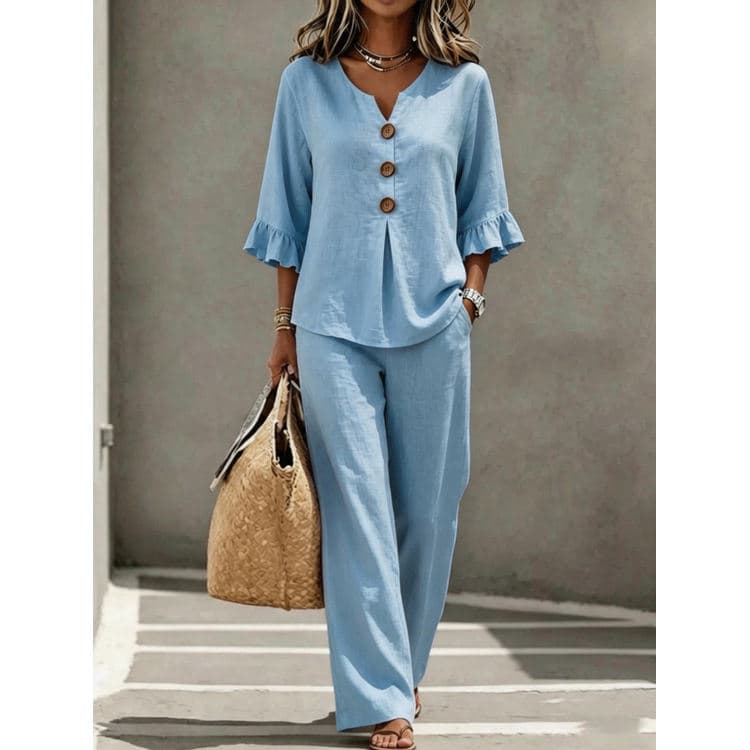 Wenshuo Button Short Sleeve Top Wholesale Loose Straight Leg Trousers Custom logo Solid Color Women Set Factory Directly