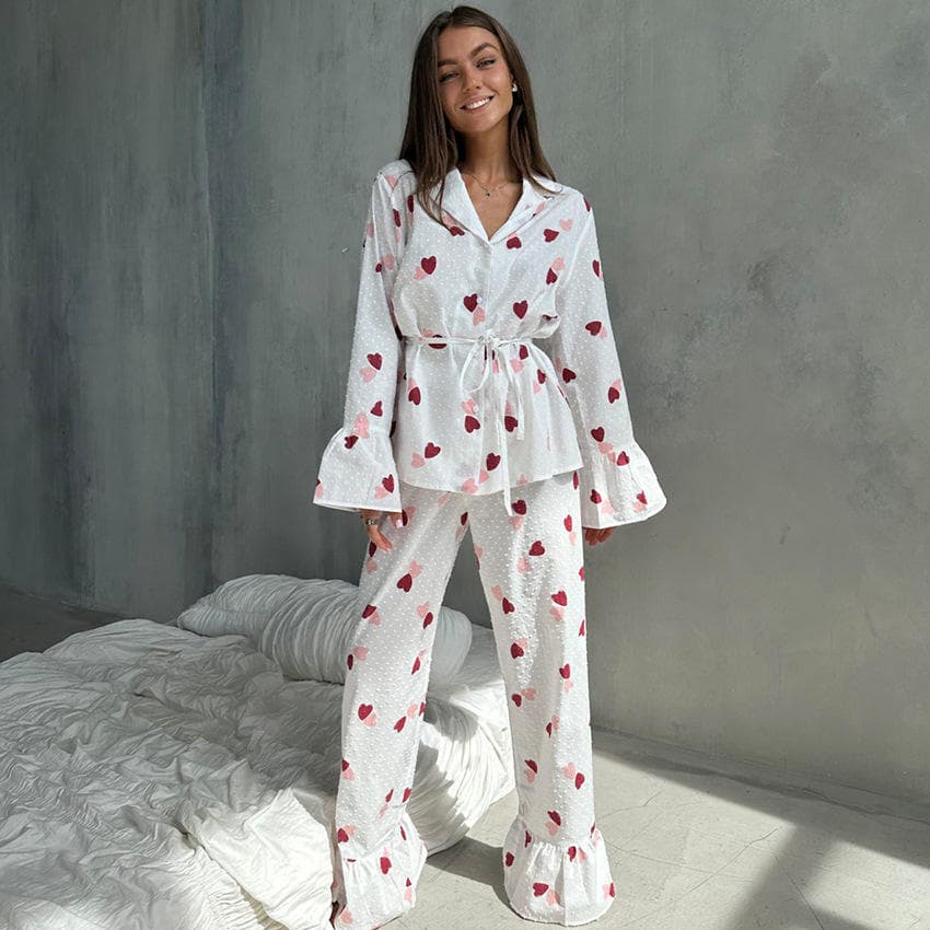 Pure Cotton Pajamas Set Manufacturer Heart Print Long Sleeved Pajamas Soft Trousers Factory Directly