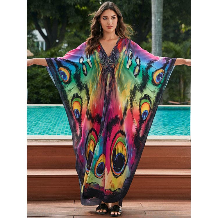 Beach Position Printing Cover Ups Oversize Women Dyeing of Flowers Holiday Dress