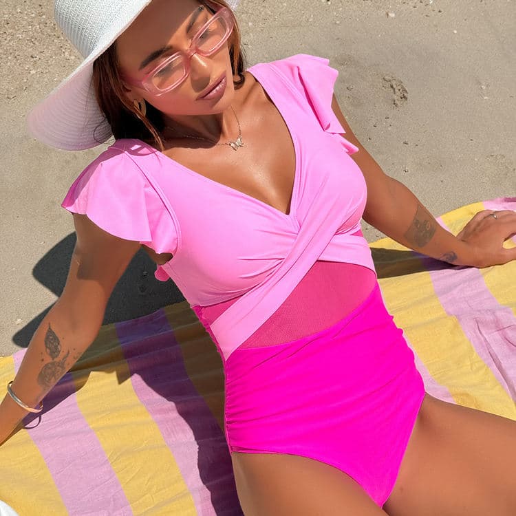 Ruffle Sheer V Neck 2024 New Women Colorful Sexy Swimsuit Bikini Quick Dry Sports One Piece Bikini
