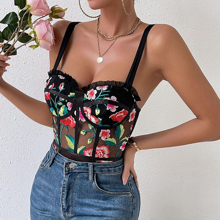 Deep V Push up Bra Bodysuit Set Floral Embroidery Lace Corset Women Sexy Lingerie Set
