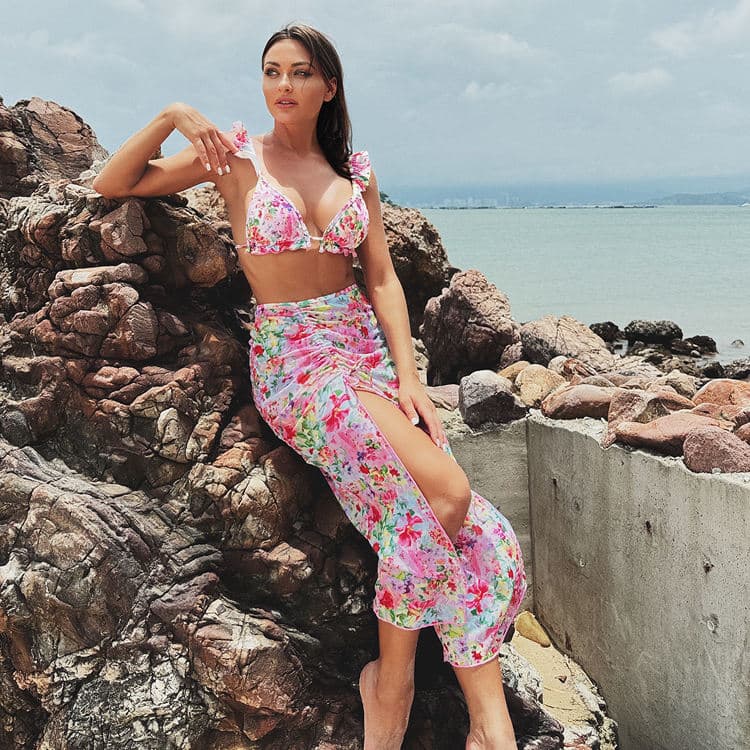 Ruffle Printed Pink Small Fresh Floral 3 Piece Bikini 2024 Ins Hawaii Beach Cute Swimsuit