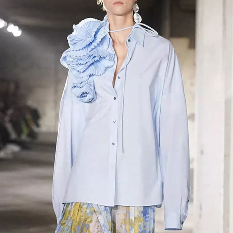 New French Fashion Shirt Pleated 3D Flower Shirt Solid Color High End Shirt