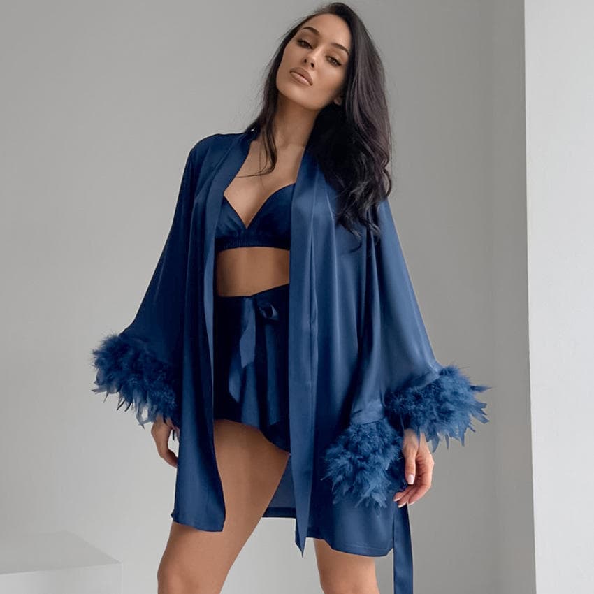 Feather Sexy Coat Manufacturer Soft Nightgown Three Piece Set Drawstring Shorts Factory Directly