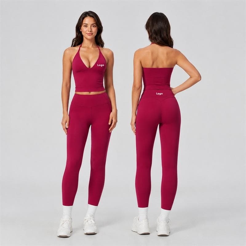 Women Running Gym Set Nylon Spandex Deep V Tank Top and High Waist Compact Legging Quick Dry 2 Piece Yoga Set