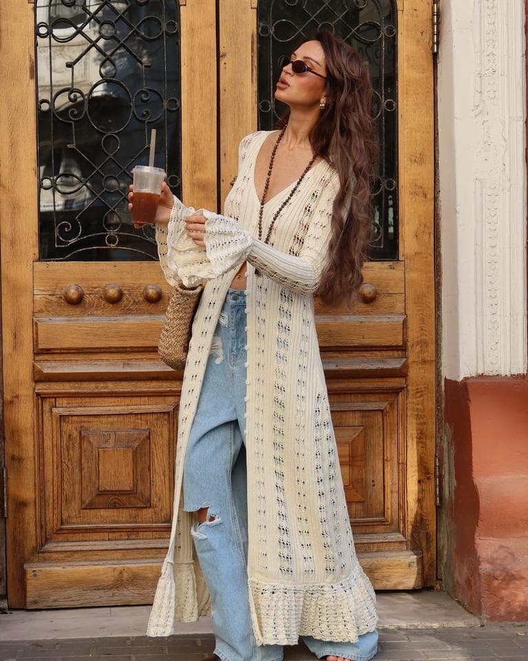 French Holiday Style Women Dress New Hollow Trumpet Sleeve Woolen Coat Casual Long Loose Hem Cardigan Dress