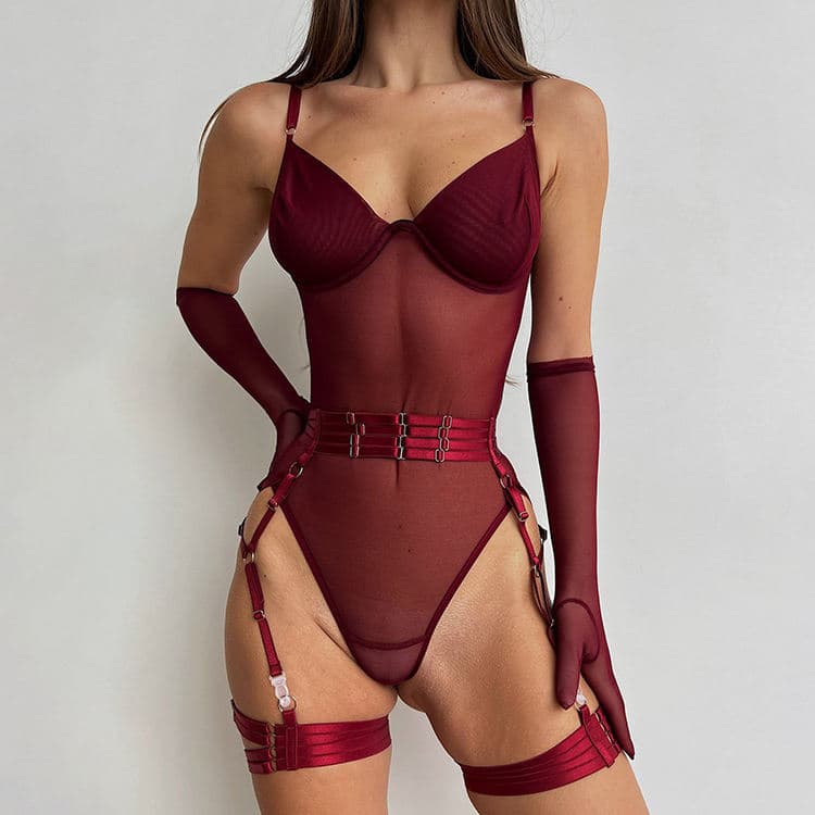 Solid Color Outerwear Mesh Bodysuit Belt Garter Sexy Lingerie Jumpsuit