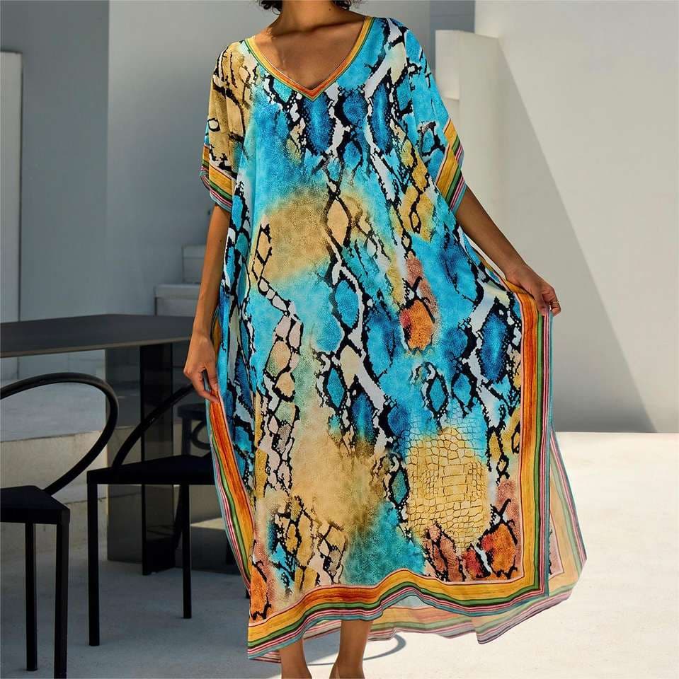 Zebra Print Women Long Dress Bikini Cover up Wholesale V Neck Rayon Holiday Skirt