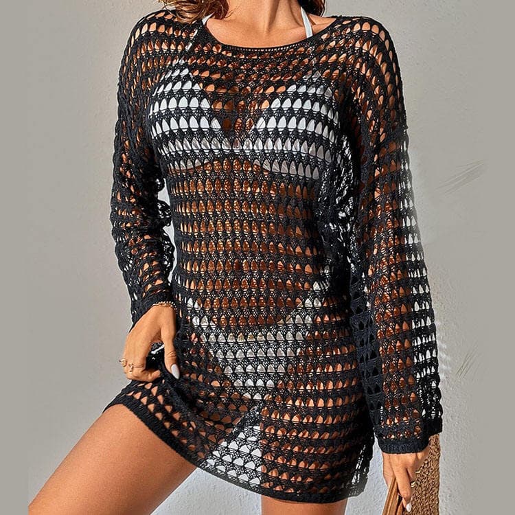 New Summer Sunscreen Feminine Knitted Hollow Round Neck Long Sleeve Bikini Swimsuit Cover up