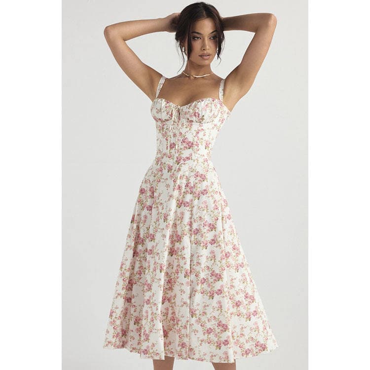 Summer 2024 New French Temperament Split Solid Sexy Floral Printed Halter Long Dress for Women