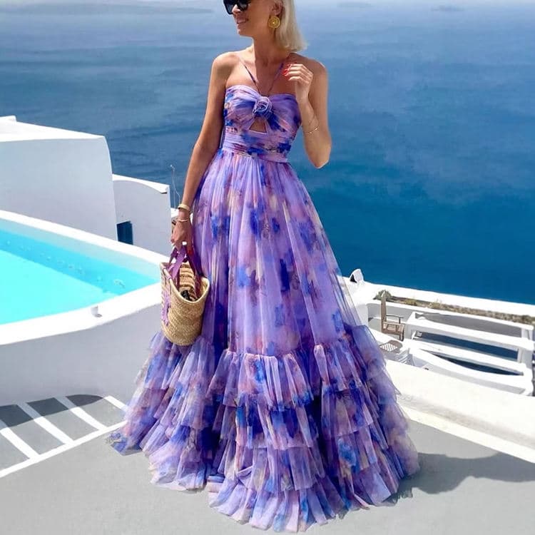 Purple Floral Print Tulle Maxi Dress Halter Spaghetti Strap Tiered Ruffle Long Gown Wedding Guest Photoshoot Evening Dresses