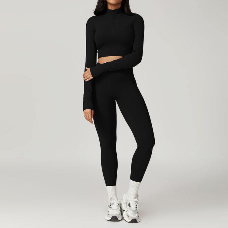 2024 Half High Zipper Solid Color Quick Drying Tight Navel Exposed Yoga Set High Elastic Slim Yoga Leggings