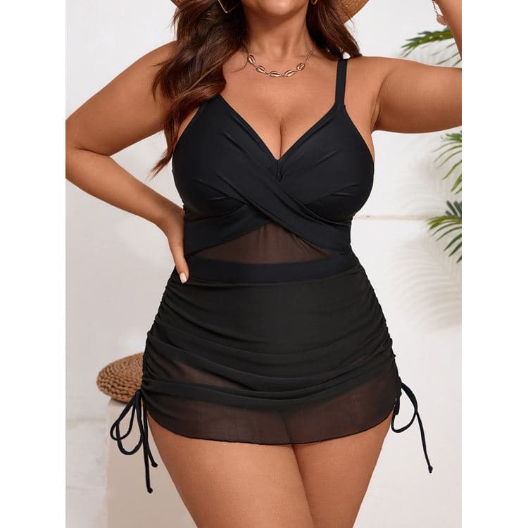 Wholesale Plus Size One Piece Swimsuit Sexy V-Neck Bikini with Black Crisscross Mesh Skirt Style Swimwear