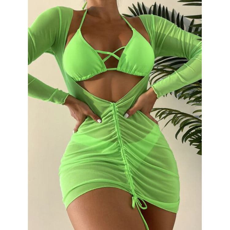 2023 New Three Piece Long Gauze Skirt Bikini Solid Color Strapping Swimwear