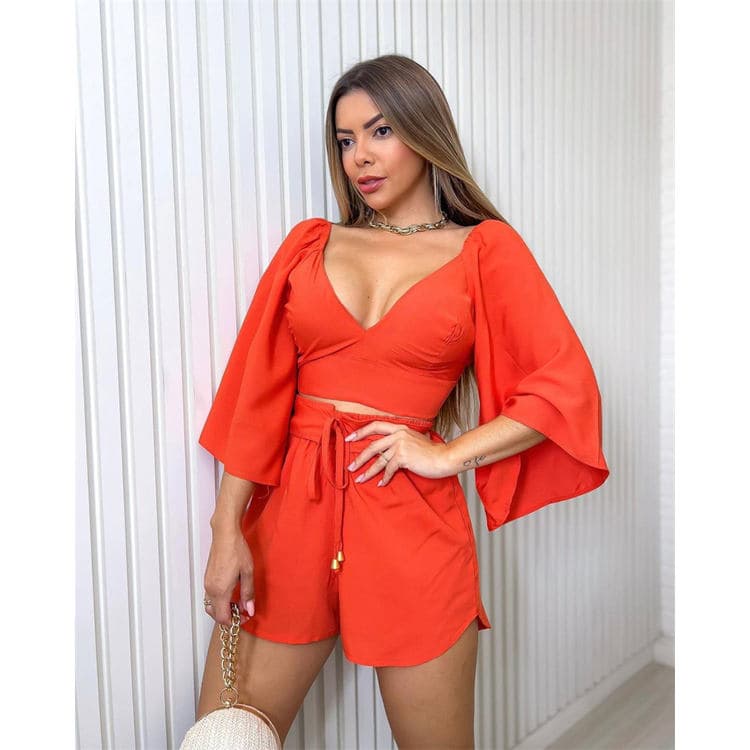 Spring 2023 New Sexy Comfortable V Neck Solid Color Flared Sleeve Shirt and Drawstring Shorts 2 Pieces Women Set