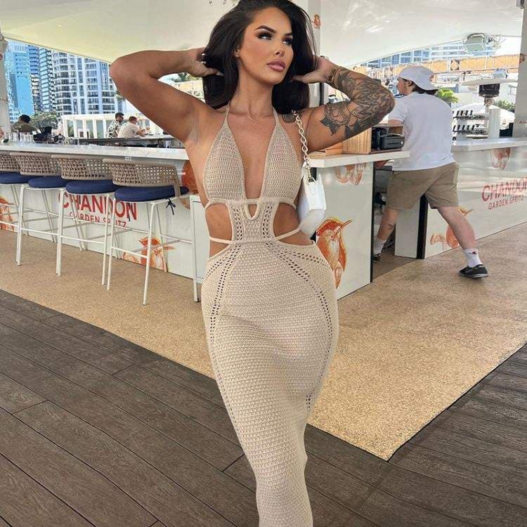 2024 Summer New Product Knitted Hollow Sexy Backless Slim Fit Breast Wrapped Skirt Suit for Women