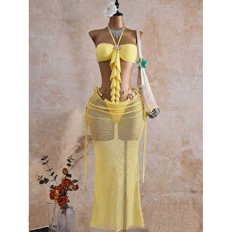 Wholesale Solid Color Three Piece Bikini Sets Mesh Sheer Skirts Swimwear Beachwear Fashionable Halter Neck Bikinis