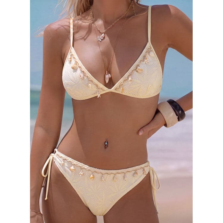 Custom Wholesale Beige Bikini Sexy Tie Side Bikini Shell Vacation Swimsuit