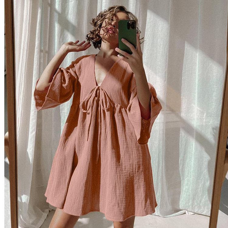 2023 Spring Summer New Cotton Linen Pajamas Deep V Three Quarter Sleeve Nightdress Casual Loose Outerwear Home Nightgown