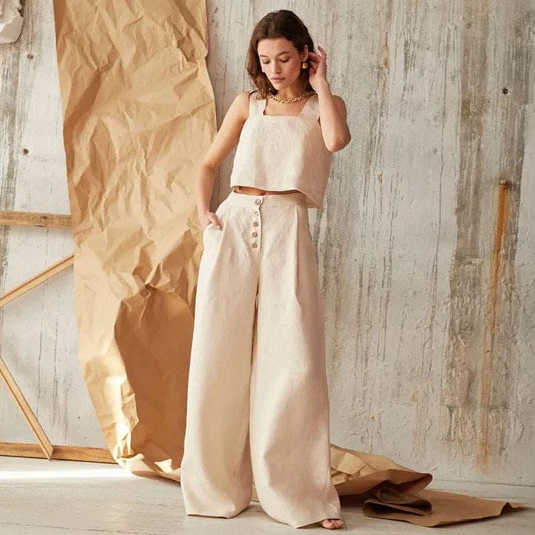 2025 Spring New Cotton and Linen Loose Slim Straight Pants Temperament Casual Button Design Drape Asexuality Thin Pants