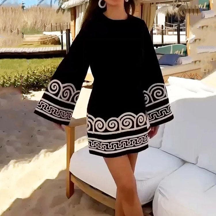 2023 Summer New Product Launch Women Dress Crew Neck Embroidery Pullover Striped Long Sleeve Mini Dress Elegant Casual Dress