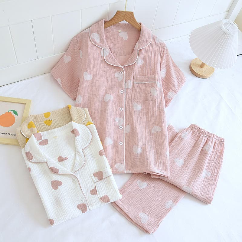 Heart Print Pajamas Wholesale Pure Cotton Soft Lapel Pajamas Manufacturer Crepe Trousers Factory Directly