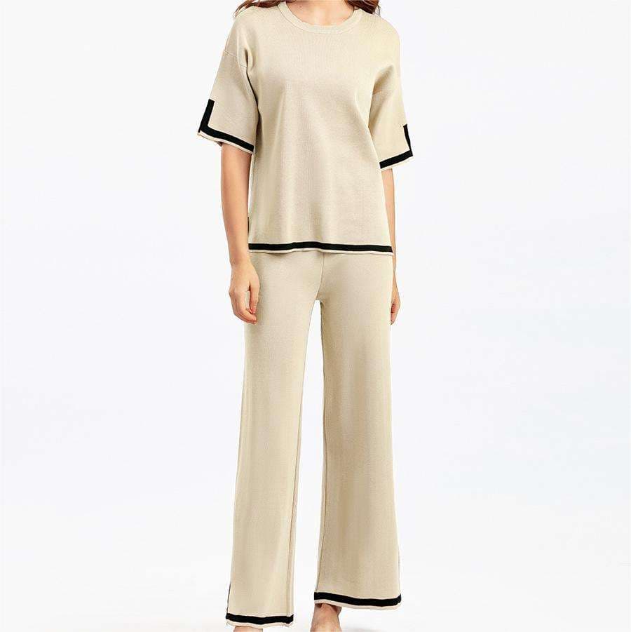 Crew Neck Sweater Suit Wholesale Women Short Sleeve Suit Factory Directly Solid Color Straight Wide Leg Pants