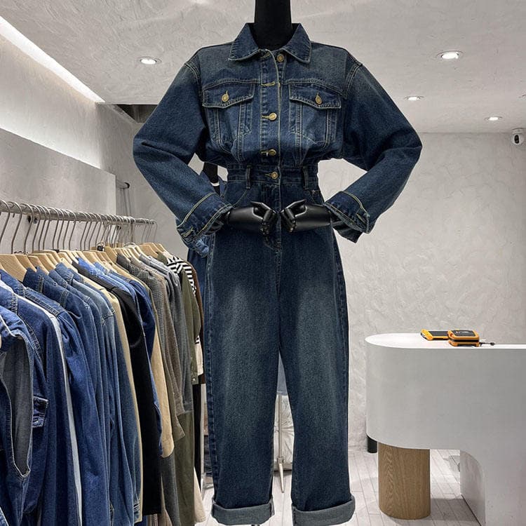 Retro WomenJumpsuit New High Waist Wide Leg Jumpsuit Jeans Polo Neck Design Women Set
