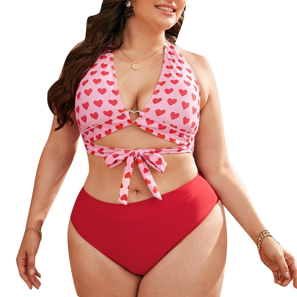 Love Print Ladies Backless Sexy Tight Plus Size Two Piece Bikini Swimsuit for Beach Swimming